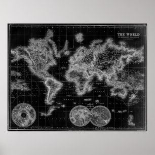 Poster Carte du monde noir et blanc (1872) Inverse