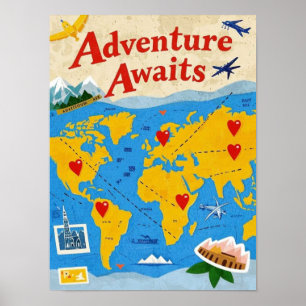 Poster Carte du monde parsemée d'épingles en forme de cœu