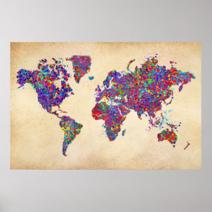 Poster Carte du monde, peinture à l'action