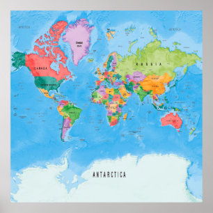 Poster Carte du monde politique Mercator projection