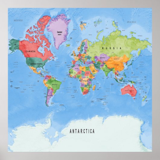 Poster Carte du monde politique Mercator projection (Devant)