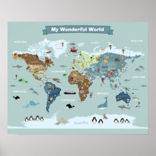 Poster Carte du monde pour enfants avec animaux et monume