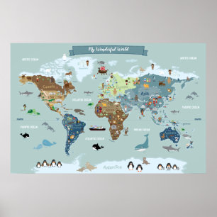 Poster Carte du monde pour enfants avec des illustrations