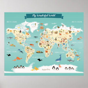 Poster Carte du monde pour enfants avec illustrations