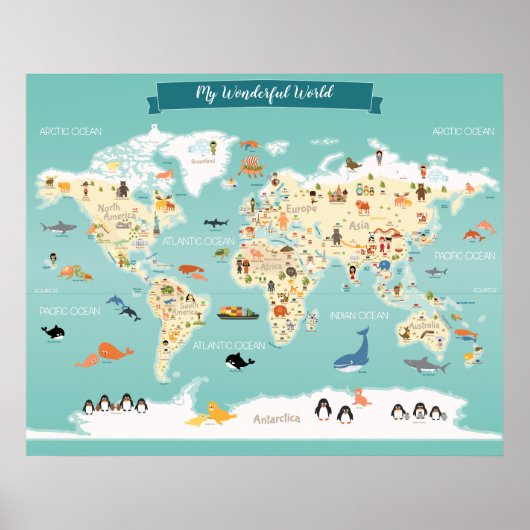 Poster Carte du monde pour enfants avec illustrations (Devant)