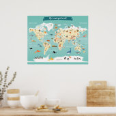 Poster Carte du monde pour enfants avec illustrations (Cuisine)