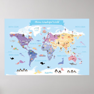 Poster Carte du monde pour enfants doux et joyeux avec il