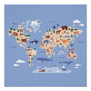 Poster carte du monde pour les enfants avec des animaux