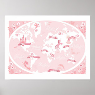 Poster Carte du monde rose enchanté - Art pour enfants