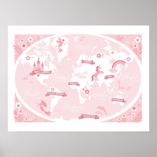 Poster Carte du monde rose enchantée - Art pour enfants (Devant)