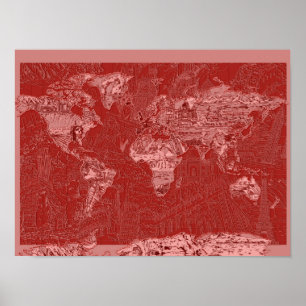 Poster carte du monde rouge 1