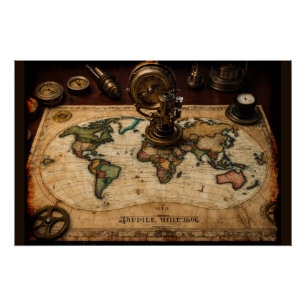 Poster Carte du monde Steampunk Olde