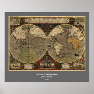 Poster Carte du monde Vintage 1595 par Jodocus Hondius