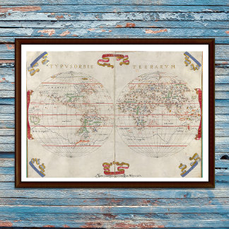 Poster Carte du monde vintage Maison de plage côtière nau