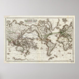 Poster Carte du monde vintage montrant les lignes télégra