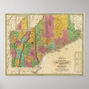 Poster Carte du New Hampshire du Maine et du Vermont