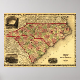 Poster Carte du nord et de sud de CarolinaPanoramic