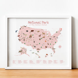 Poster Carte du parc national rose Pépinière de bois Impr