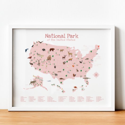 Poster Carte du parc national rose Pépinière de bois Impr