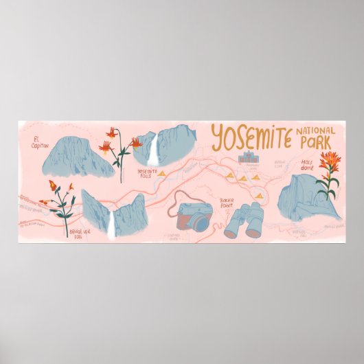 Poster Carte du parc national Yosemite Illustration rose (Devant)