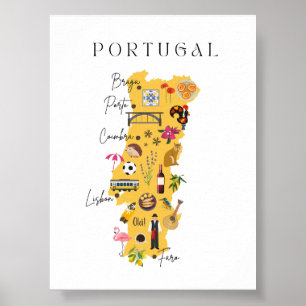 Poster Carte du Portugal avec les principales villes et d