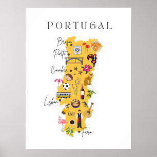 Poster Carte du Portugal avec les principales villes et d