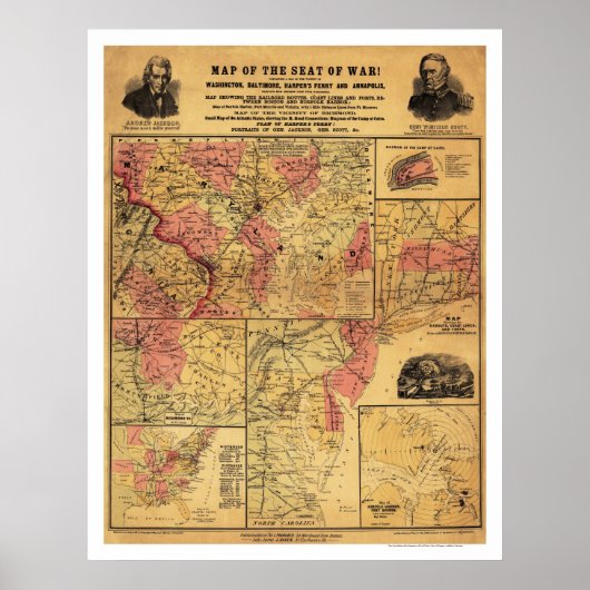 Poster Carte Du Siège De La Guerre Civile 1862 (Devant)