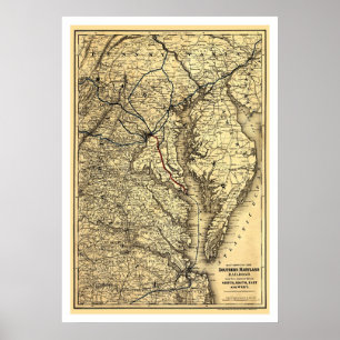 Poster Carte du sud 1881 de chemin de fer du Maryland
