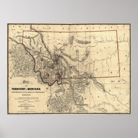 Poster Carte du territoire du Montana en 1865 (Devant)