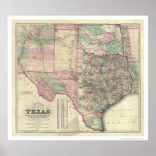 Poster Carte du territoire du Texas par Colton 1872 (Devant)