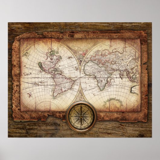 Poster Carte du Vieux Monde avec Compass (Devant)