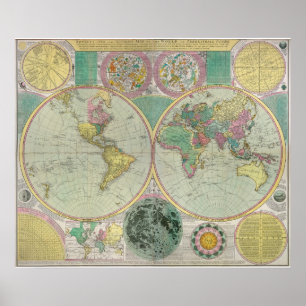 Poster Carte du Vieux Monde avec corps célestes - Antique
