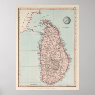 Poster Carte du vieux Sri Lanka (1845) Ceylan Vintage