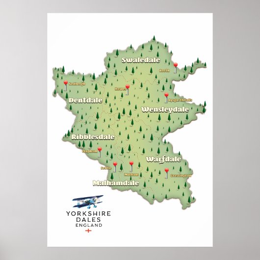 Poster Carte du Yorkshire Dales Angleterre (Devant)