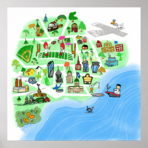 Poster Carte d'une ville imaginaire de Port