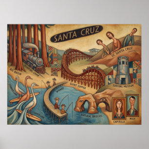 Poster Carte Fantaisiste de Santa Cruz Californie UCSC Bo