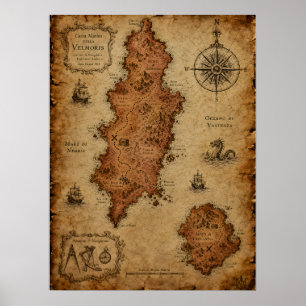 Poster Carte Fantastique Antique — Île de Velmoris