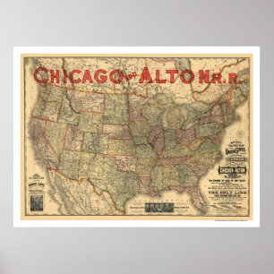 Poster Carte ferroviaire de Chicago & Alton 1883
