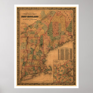Poster Carte ferroviaire de la Nouvelle-Angleterre 1861