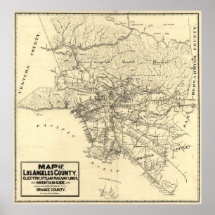 Poster Carte ferroviaire du comté de Los Angeles vintage 
