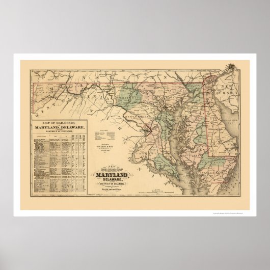 Poster Carte ferroviaire du Maryland et du Delaware 1876 (Devant)