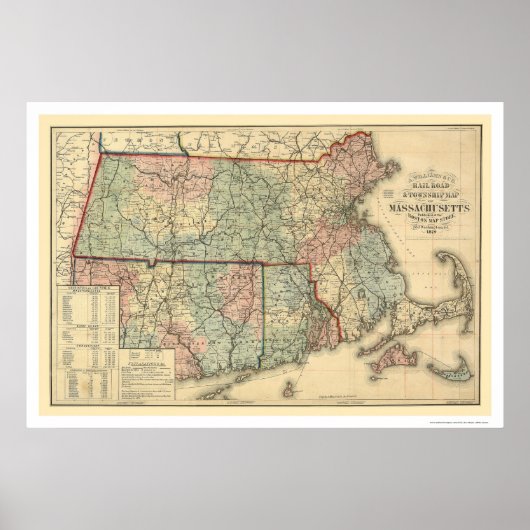 Poster Carte ferroviaire du Massachusetts 1879 (Devant)