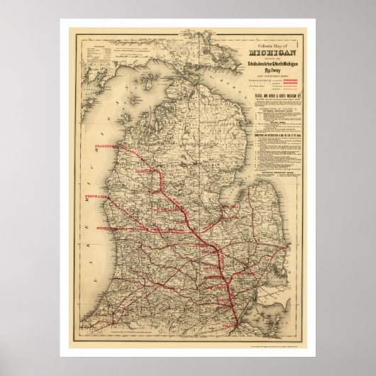 Poster Carte ferroviaire du Michigan 1886 (Devant)