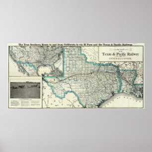 Poster Carte ferroviaire vintage du Texas et de la Louisi