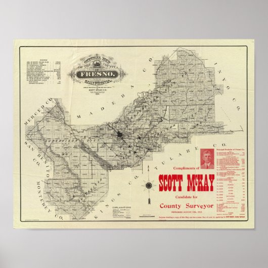 Poster Carte Fresno County, Californie (Devant)