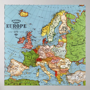Poster Carte générale de l'Europe vintage du 20e siècle