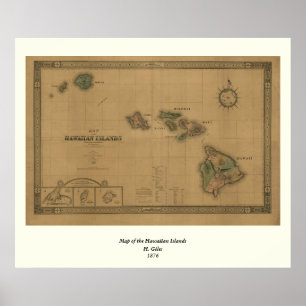 Poster Carte Hawaii 1876 vintage - Îles Hawaii