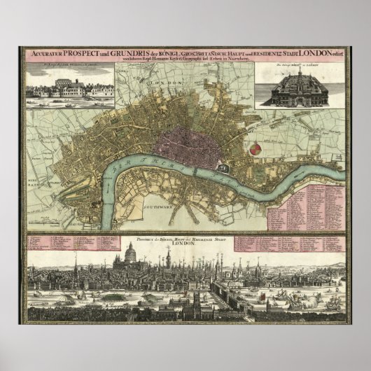 Poster Carte historique de Londres, Angleterre (1740) (Devant)