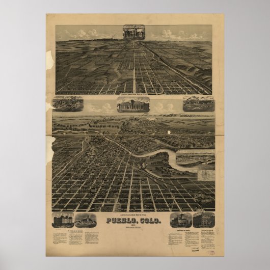 Poster Carte historique de Pueblo Colorado 1890 (Devant)