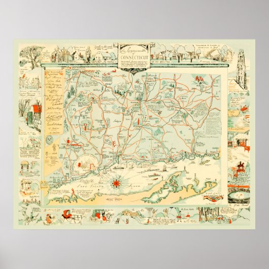 Poster Carte historique du Connecticut de 1926 (Devant)